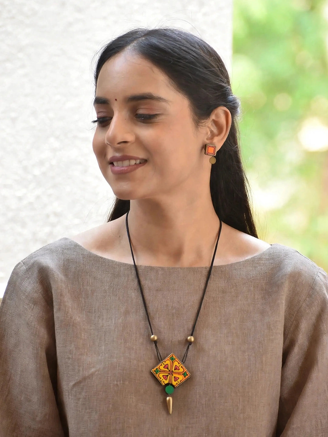 Rhombus Shape Yellow Orange Pink Green Handmade Terracotta Necklace Set