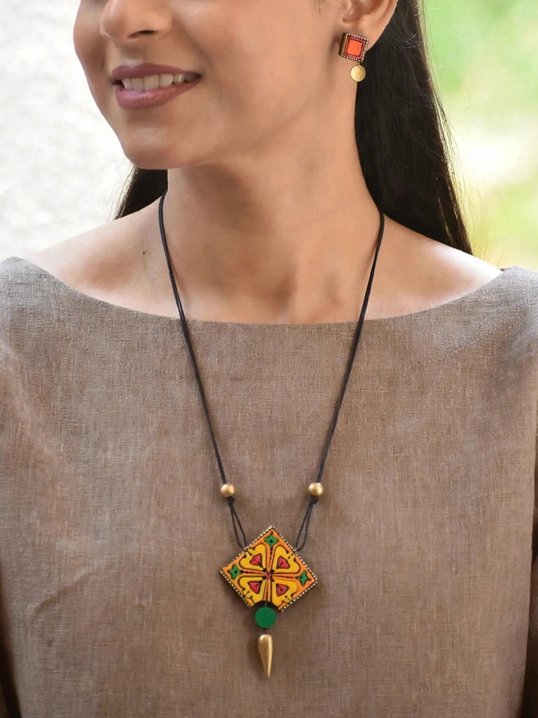 Rhombus Shape Yellow Orange Pink Green Handmade Terracotta Necklace Set