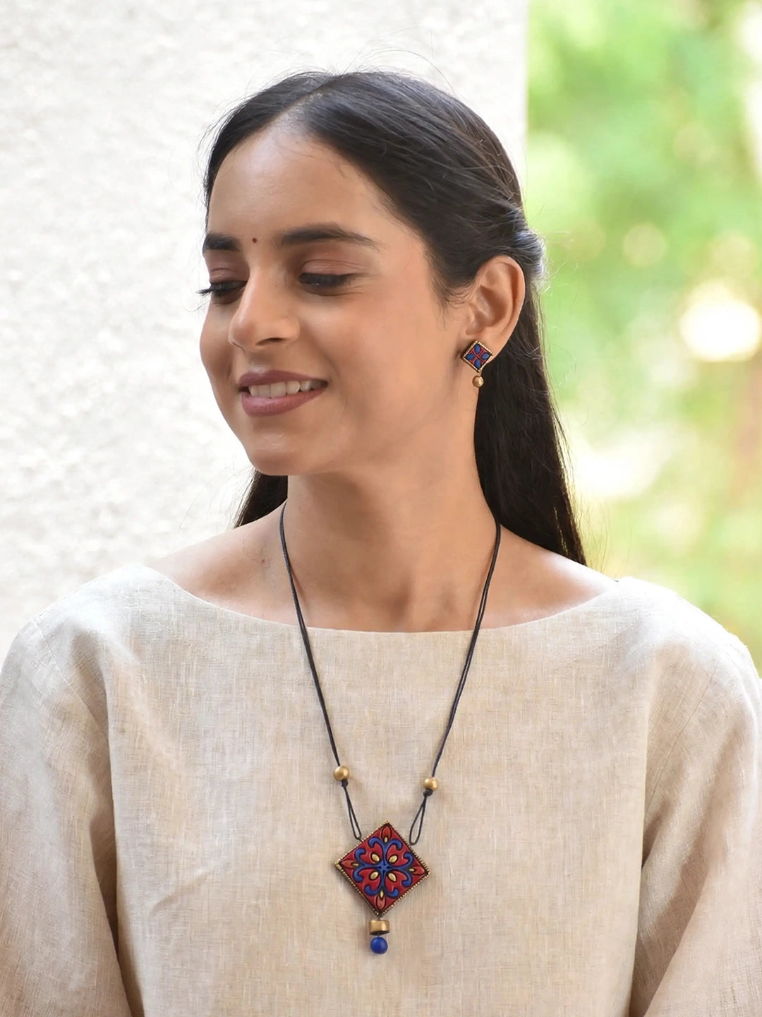 Rhombus Design Mandala Art Work Pink Blue Handmade Terracotta Necklace Set
