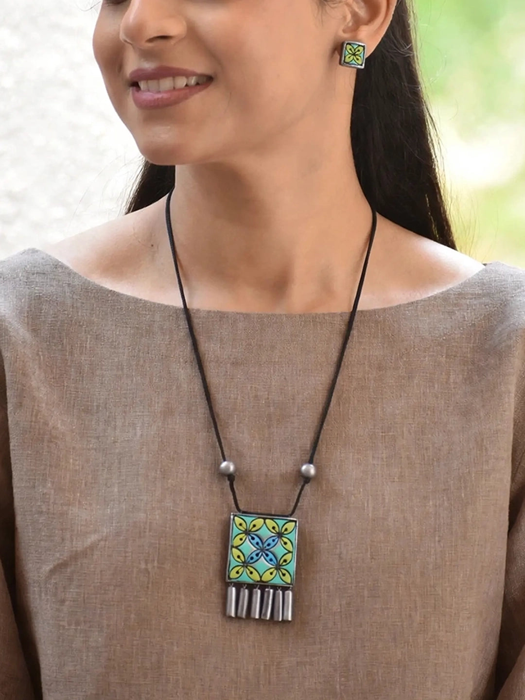 Turquoise Yellow Blue Grey Square Shape Floral Design Pattern Handmade Terracotta Necklace Set