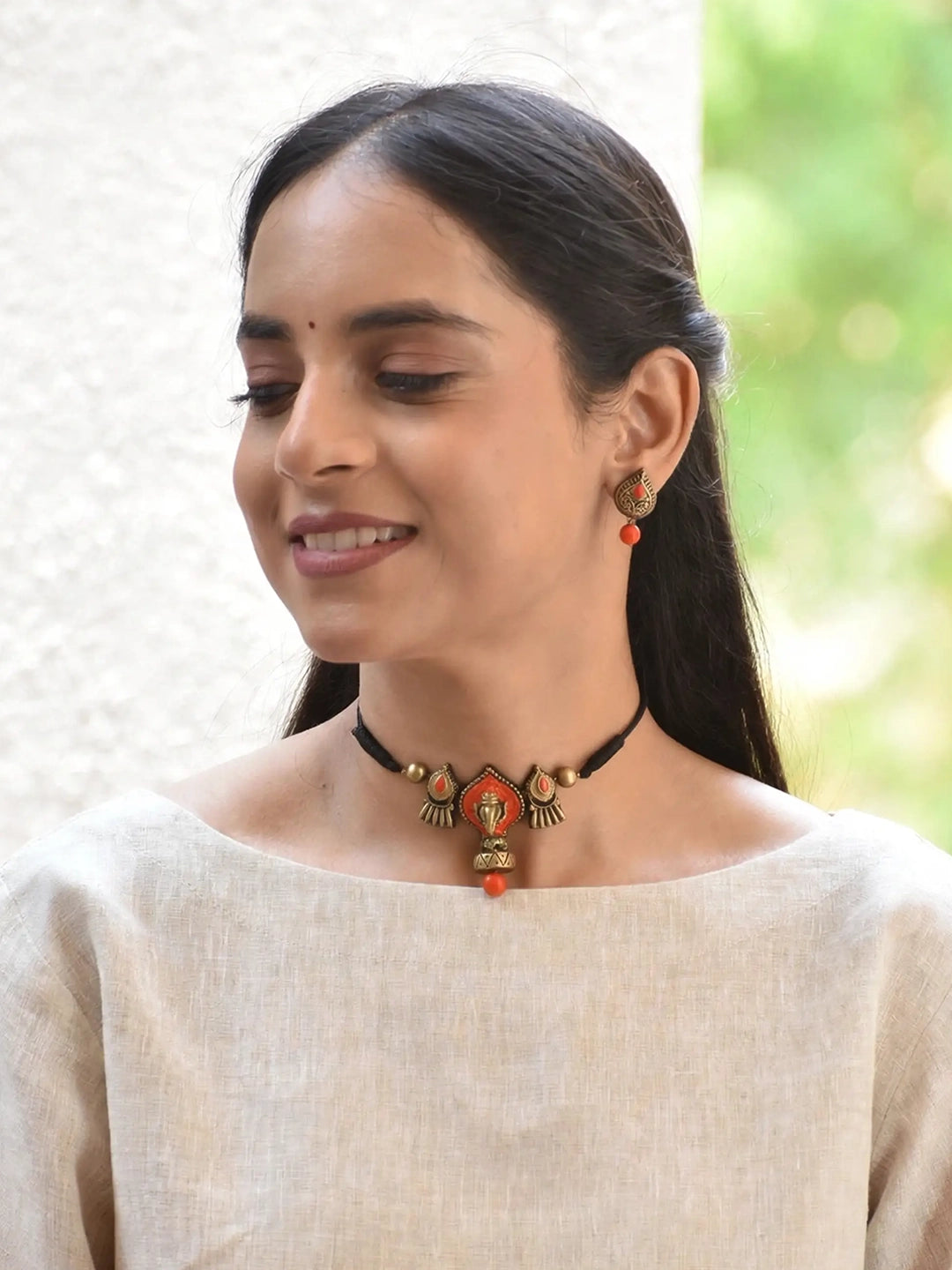 Leaf Ganesha Design Orange Antique Gold Handmade Terracotta Necklace Set