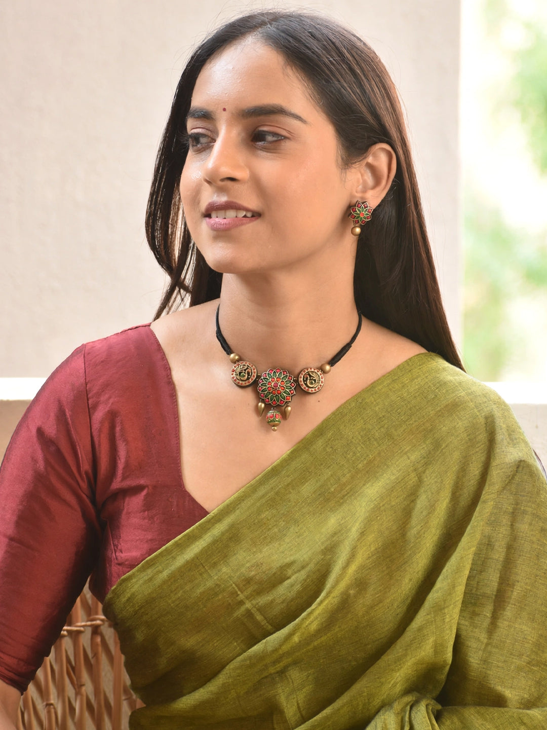 Chakramayura — Mandala Art and Peacock Design Circular Antique Gold Red Green Handmade Terracotta Choker Necklace Set