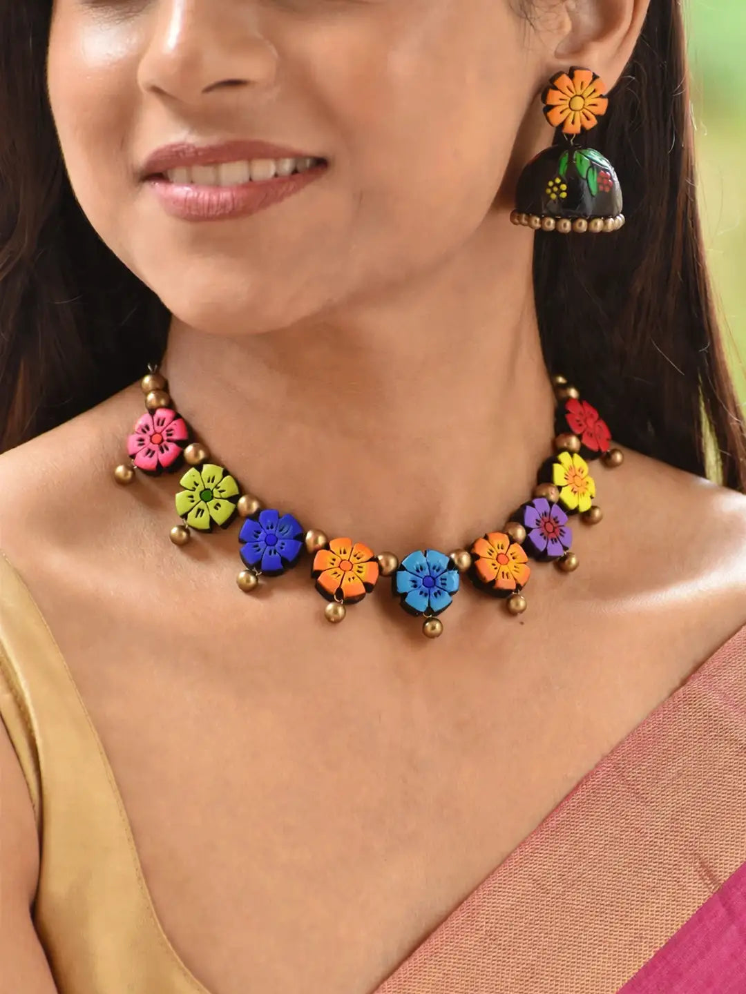 Flower Design Hand Painted Terracotta Jewellery Set