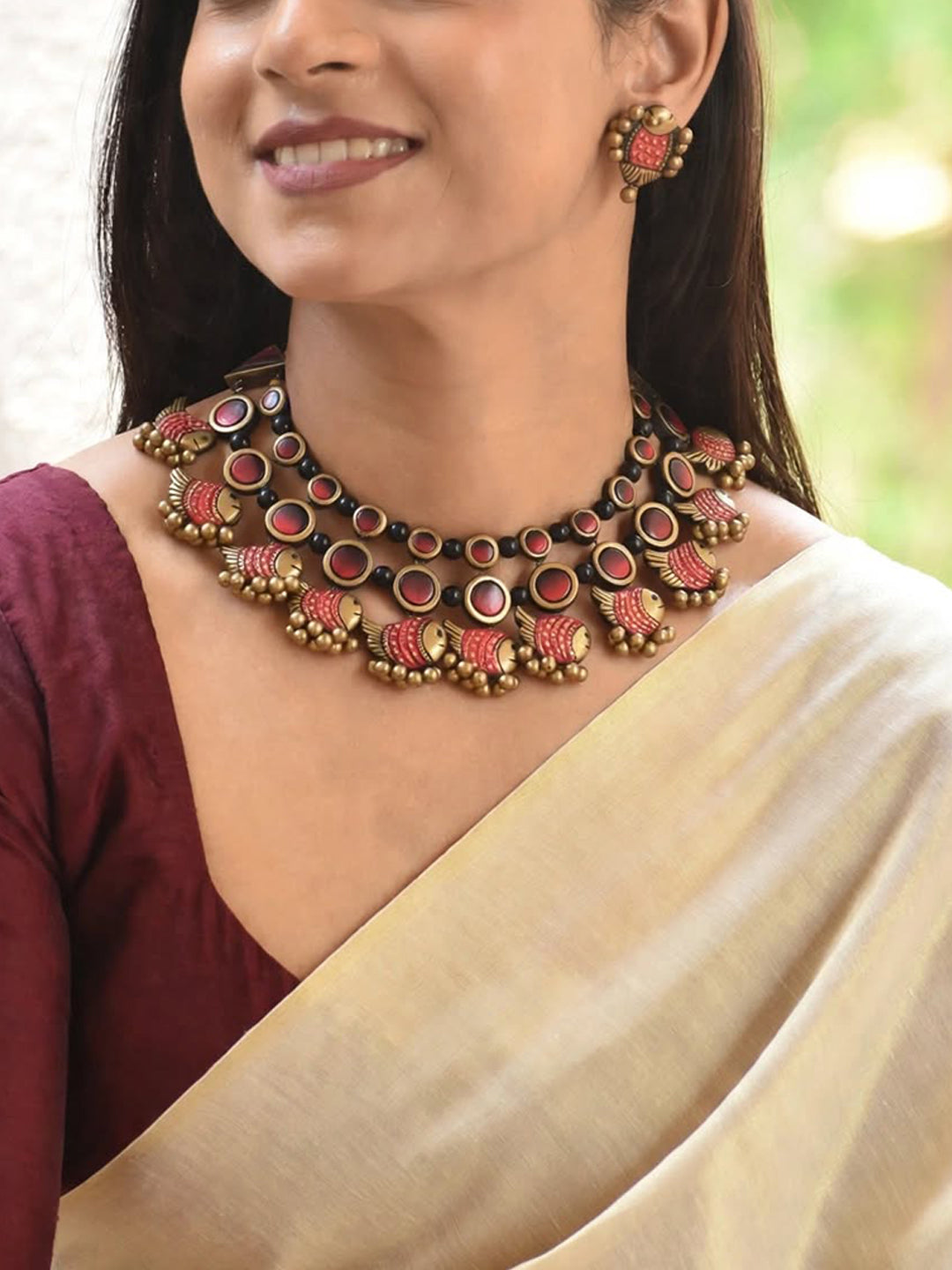 Mango Peacock Design Antique Gold Red Green Handmade Terracotta Necklace Set