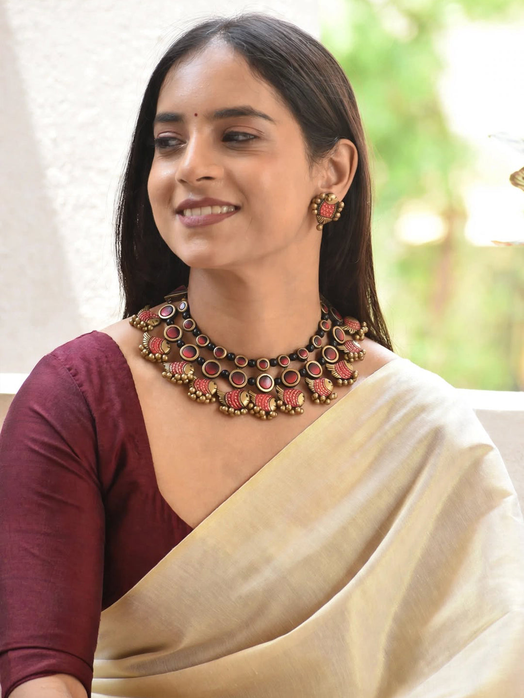 Mango Peacock Design Antique Gold Red Green Handmade Terracotta Necklace Set