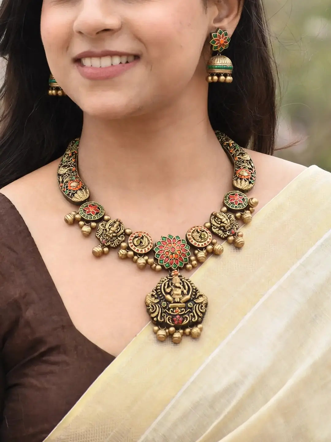Antique Gold Red Green Orange Ganesha Pendant Design Peacock Design Mandala Art Work Handmade Terracotta Necklace Set