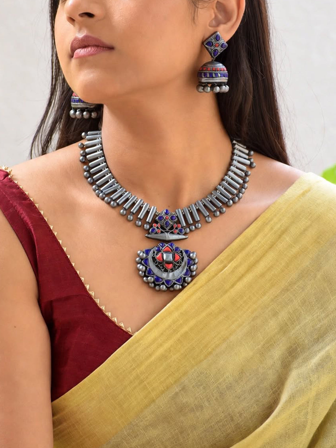Antique Silver Pink Purple Fringe Pattern Contemporary Style Handmade Terracotta Necklace Set