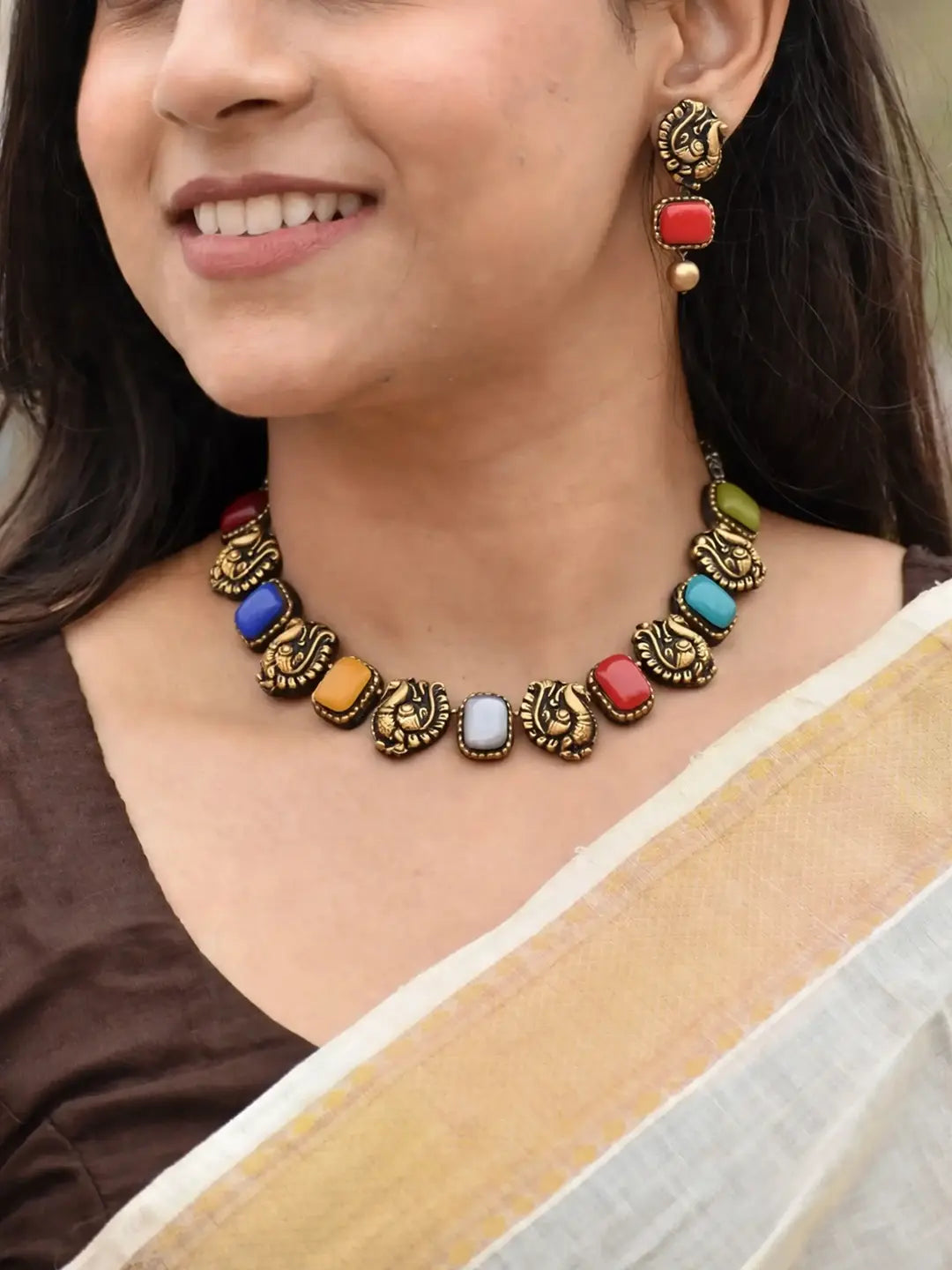 Navratna Design - Auspicious Navratna 9 colors used, Premium Antique Gold Finish, Peacock design, Handmade Terracotta Necklace Set