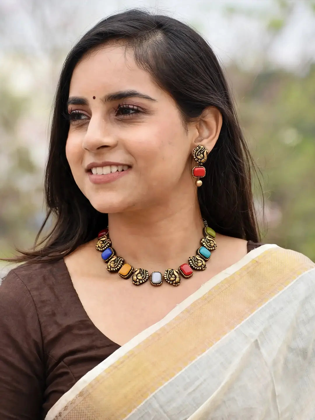 Navratna Design - Auspicious Navratna 9 colors used, Premium Antique Gold Finish, Peacock design, Handmade Terracotta Necklace Set