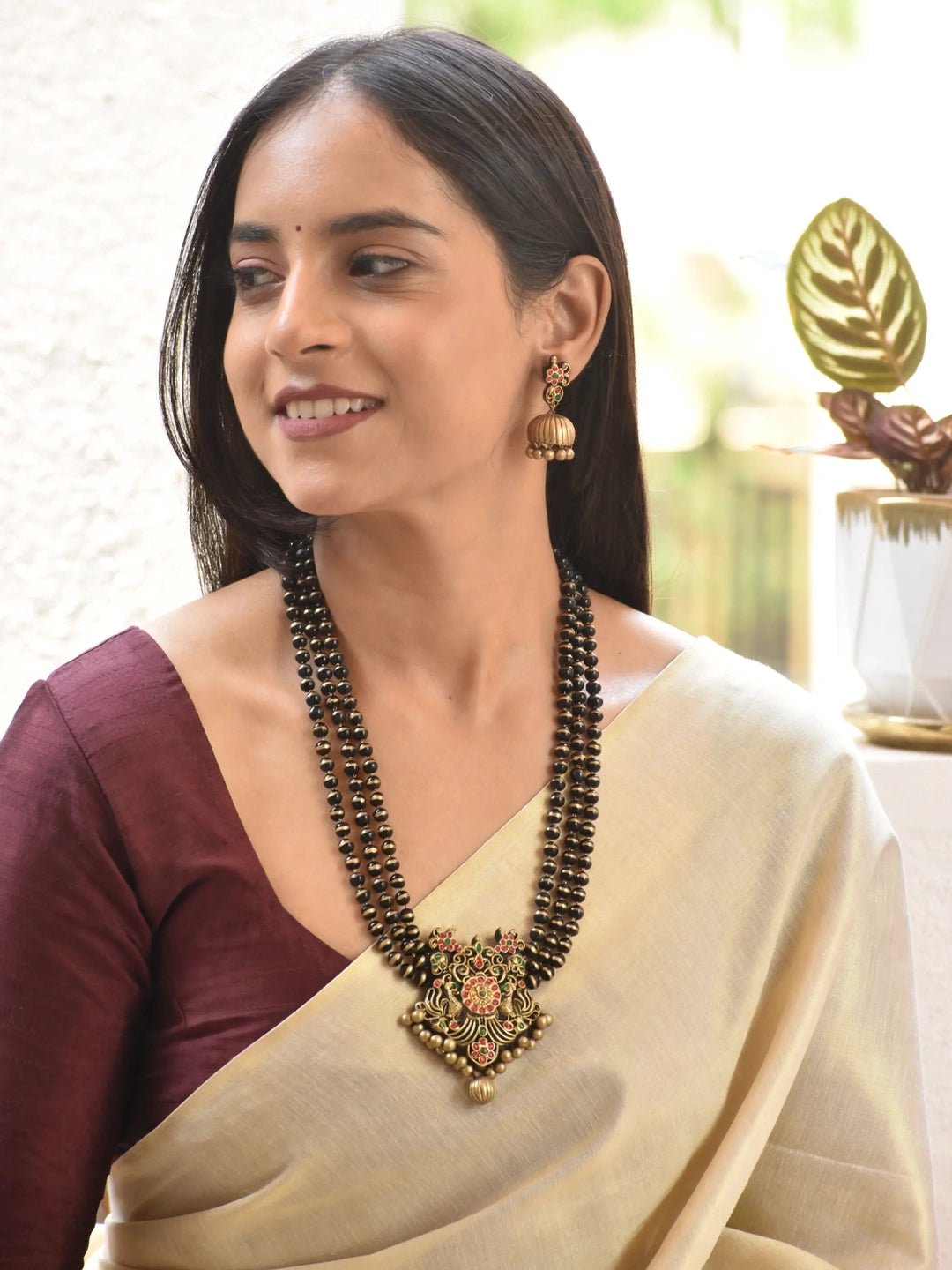 Black Antique Gold Red Green 3 Layered Peacock Design Haram Handmade Terracotta Necklace Set