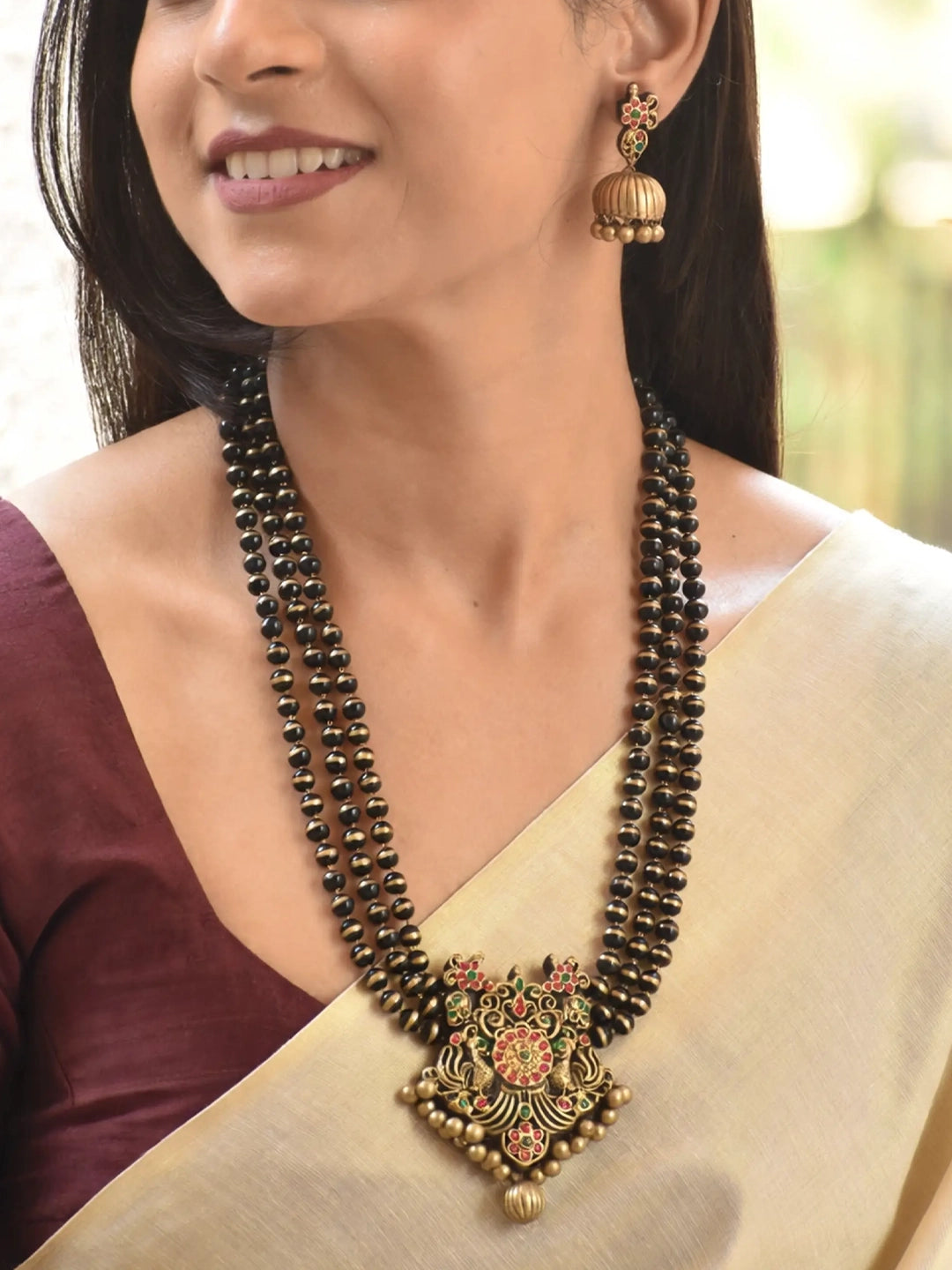 Black Antique Gold Red Green 3 Layered Peacock Design Haram Handmade Terracotta Necklace Set