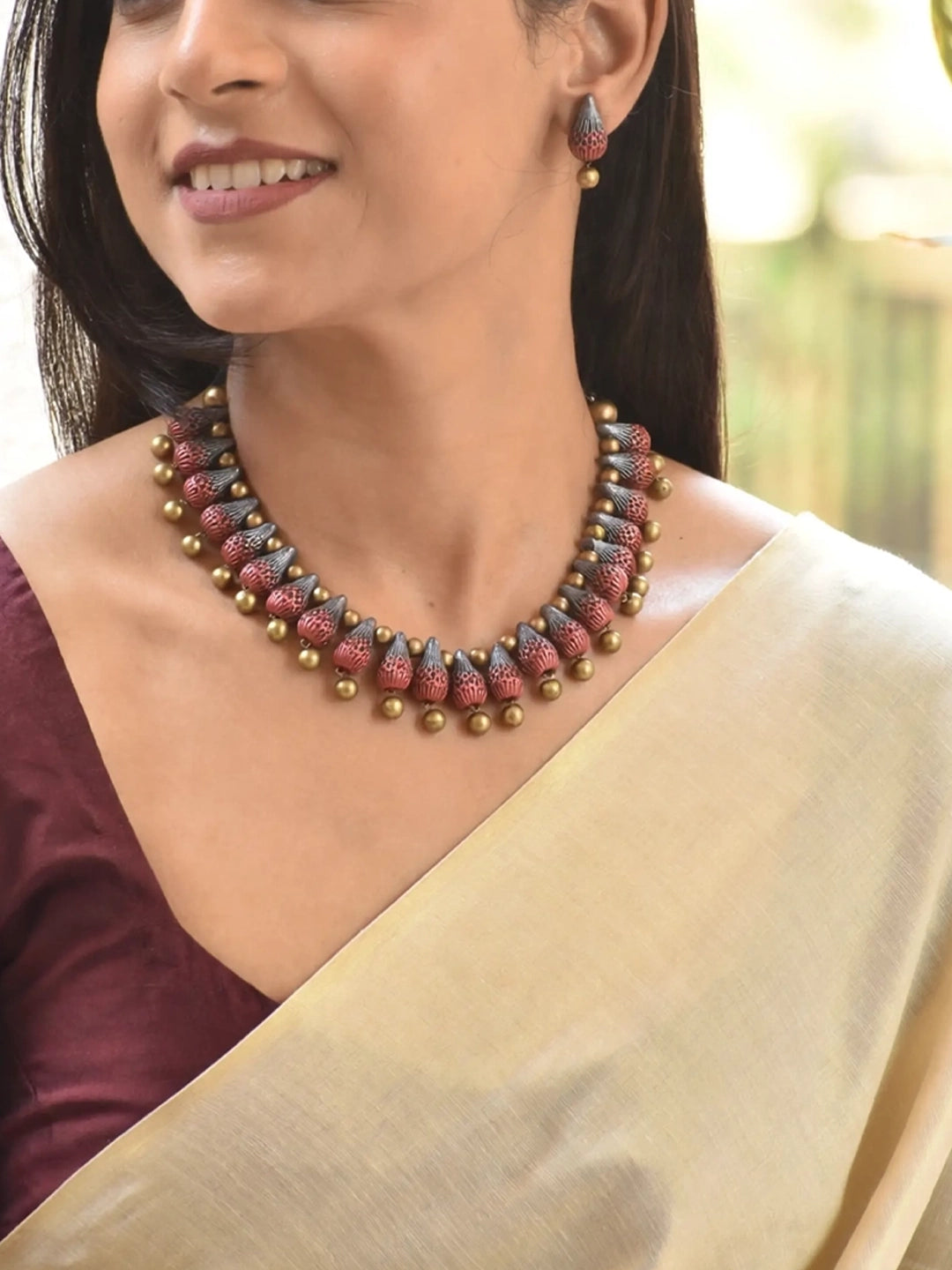 Copper Silver and Gold Ombre Dual Shade Pear Shape Pattern Handmade Terracotta Necklace Set