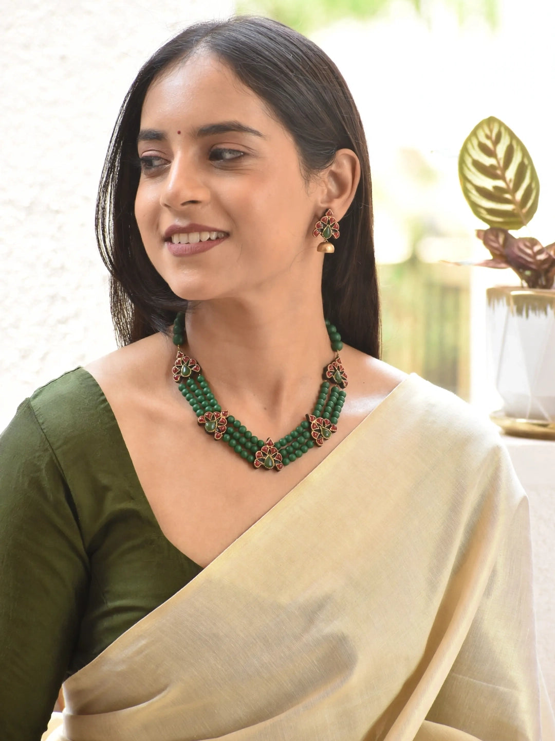 Green Red and Antique Gold 3 Layered Floral Pattern Rani Haar Style Handmade Terracotta Necklace Set