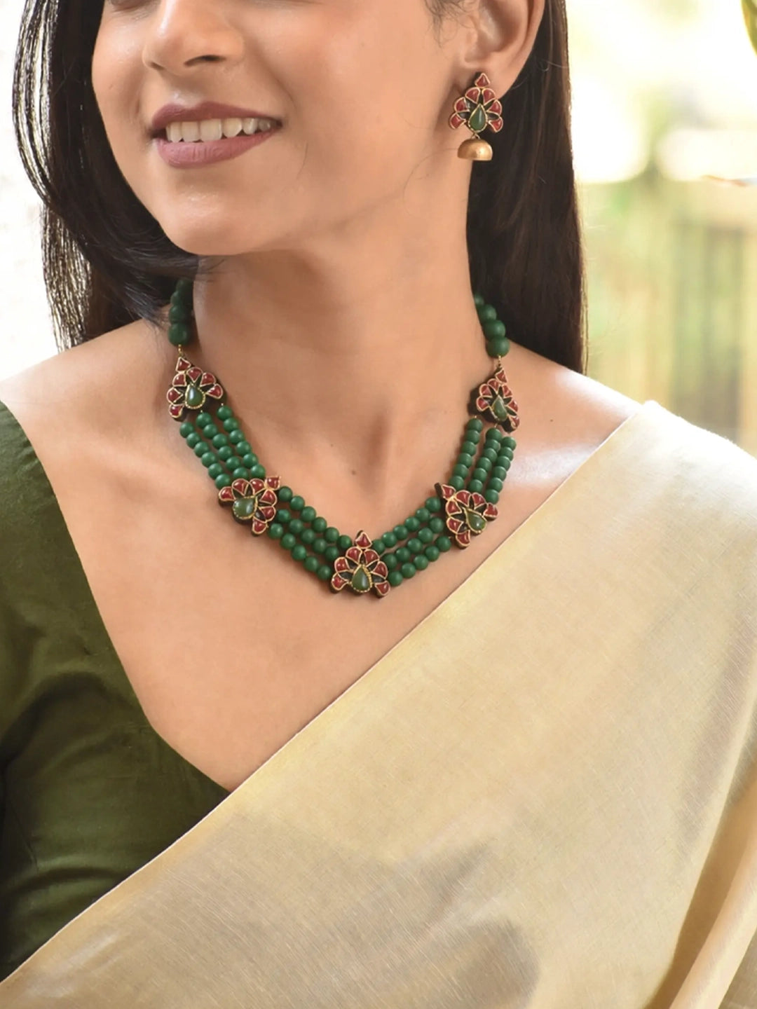 Green Red and Antique Gold 3 Layered Floral Pattern Rani Haar Style Handmade Terracotta Necklace Set