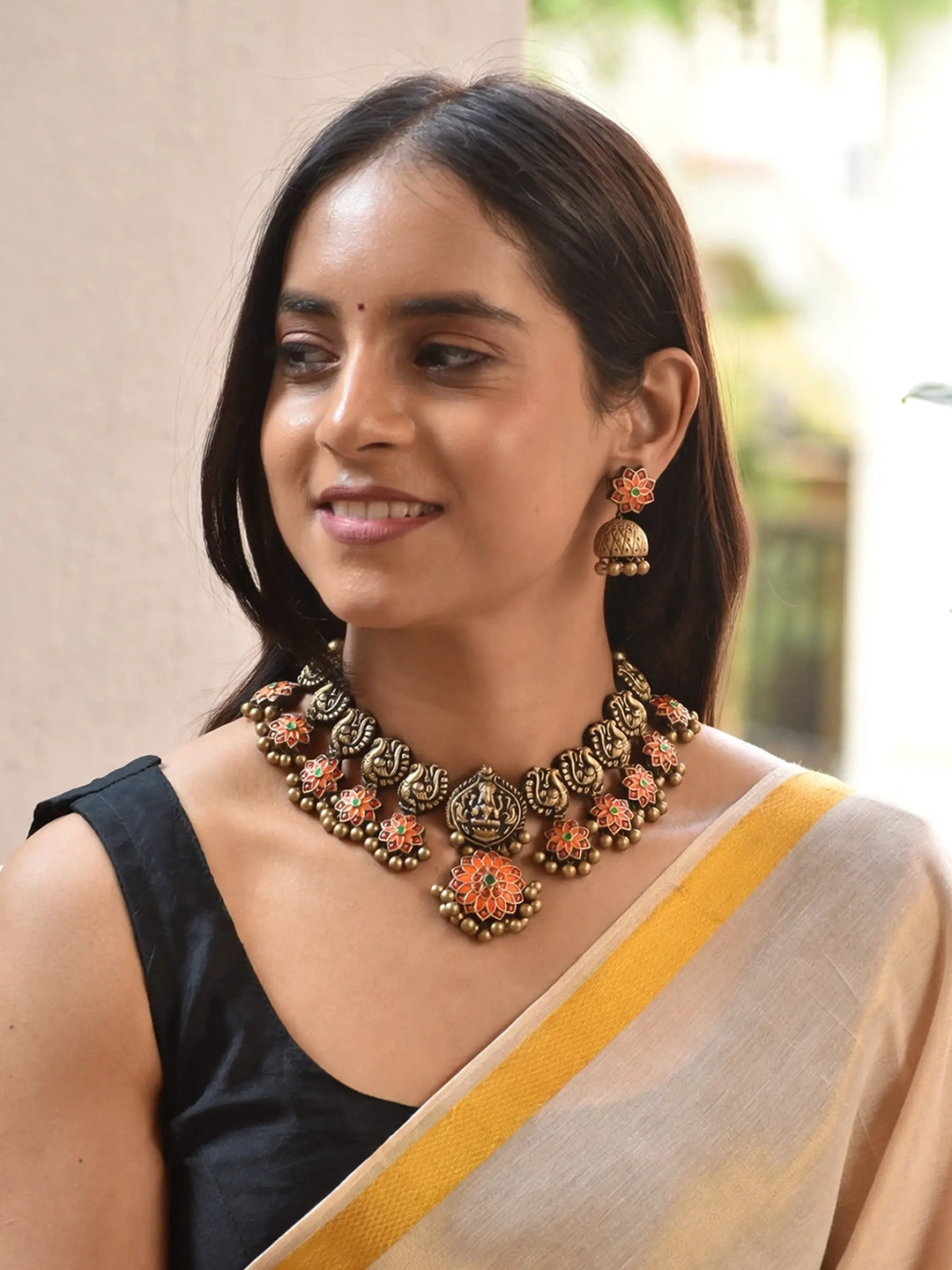 Antique Gold Red Orange Green Mandala Art Floral Work Lakshmi Peacock Design Contemporary Temple Handmade Terracotta Necklace Set