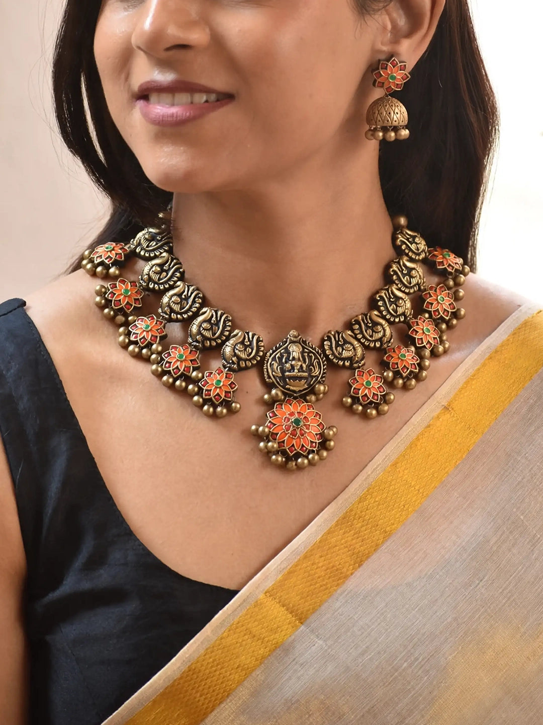 Antique Gold Red Orange Green Mandala Art Floral Work Lakshmi Peacock Design Contemporary Temple Handmade Terracotta Necklace Set