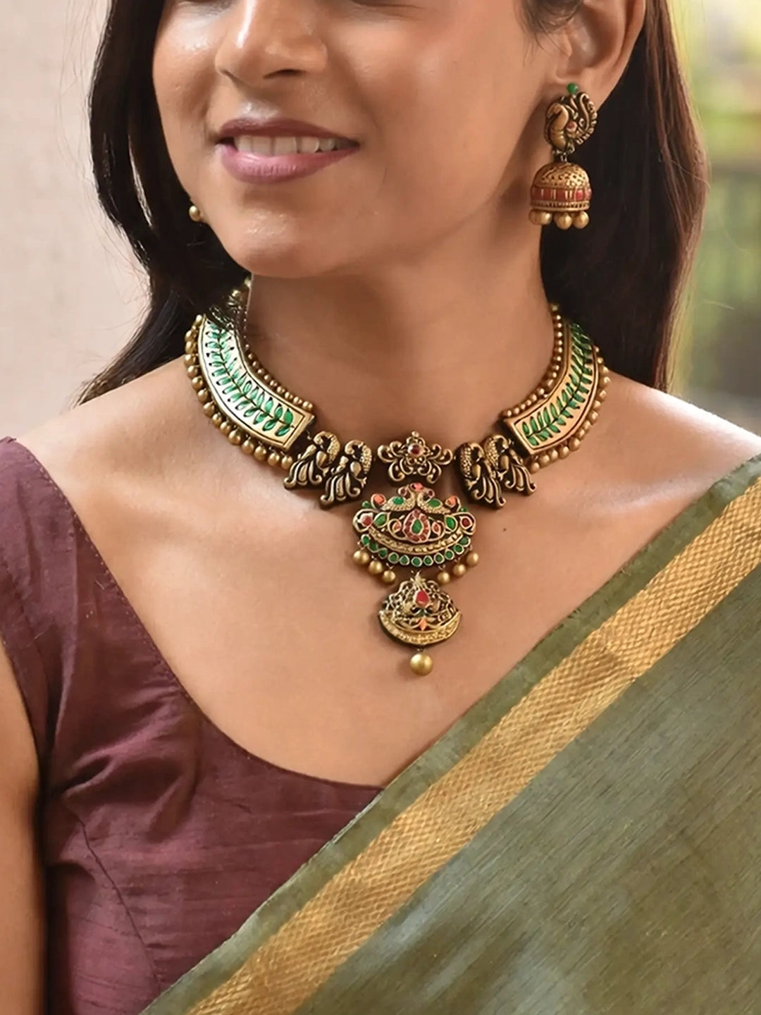 Antique Gold Green Orange Red Rajawadi Style Peacock Leaf Design Hasli Style Handmade Terracotta Necklace Set