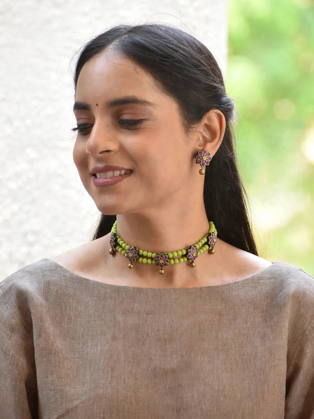 Bamboo Purple Antique Gold Green Pastel Shade Two Layered Choker Handmade Terracotta Necklace Set