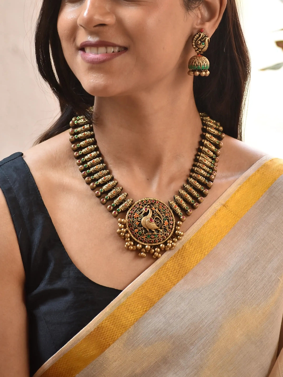 Peacock Design Fringe Pattern Rajputi Art Pattern Haram Style Handmade Terracotta Necklace Set