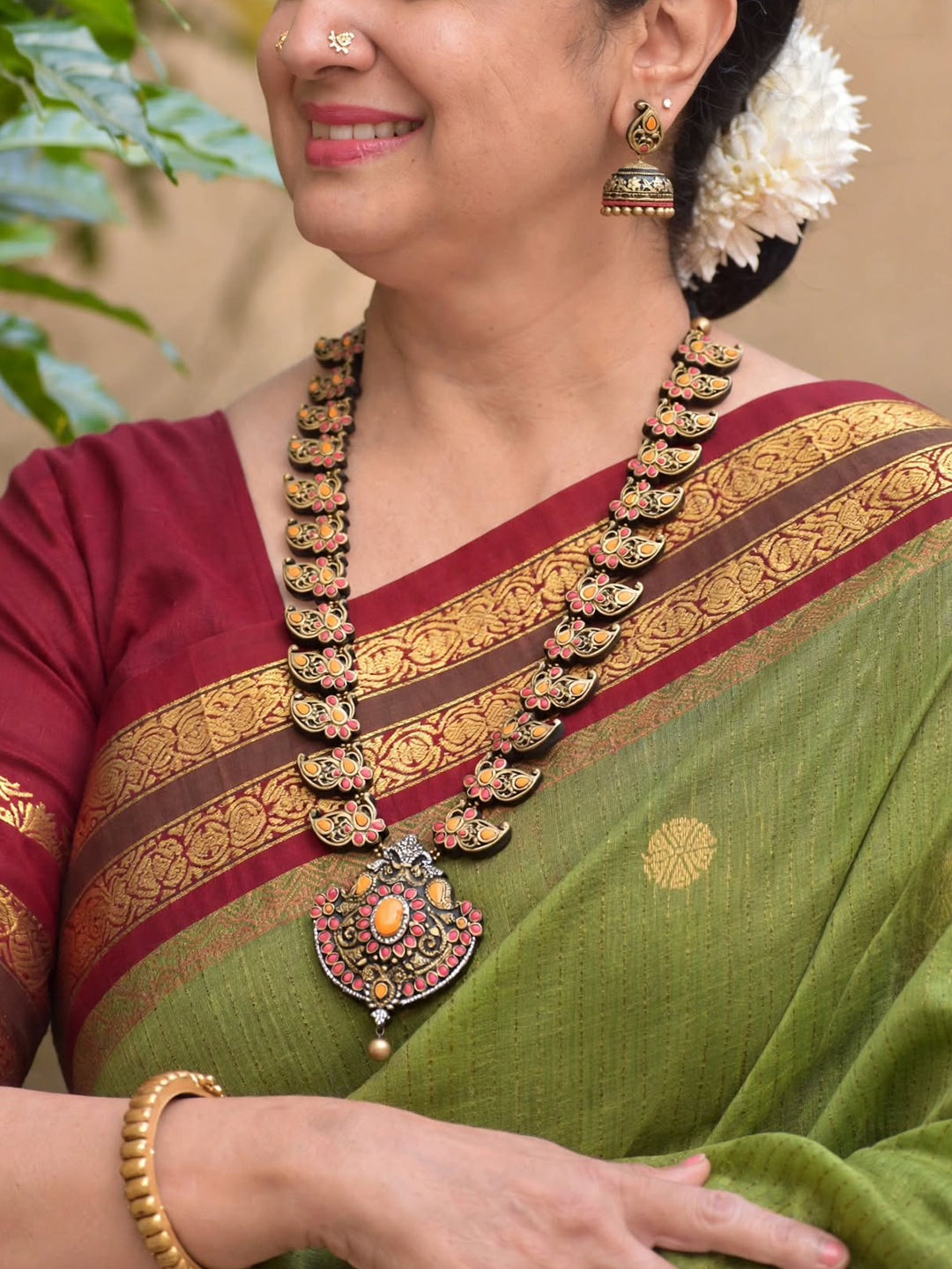 Antique Gold Pink Orange Mango Design Haram Style Temple Handmade Terracotta Necklace Set
