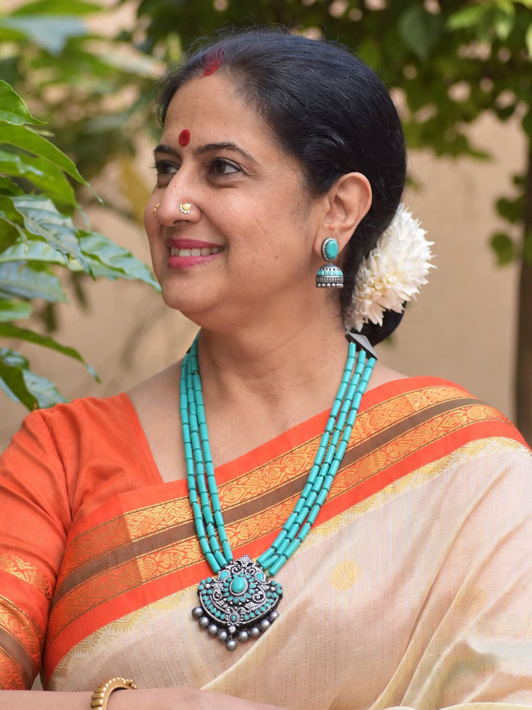 Shubhrangi — Aqua Blue Silver Three Layered Victorian Haram Style Handmade Terracotta Necklace Set