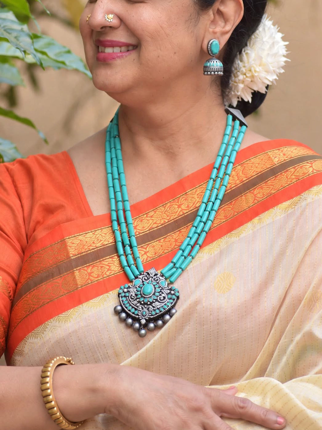 Shubhrangi — Aqua Blue Silver Three Layered Victorian Haram Style Handmade Terracotta Necklace Set
