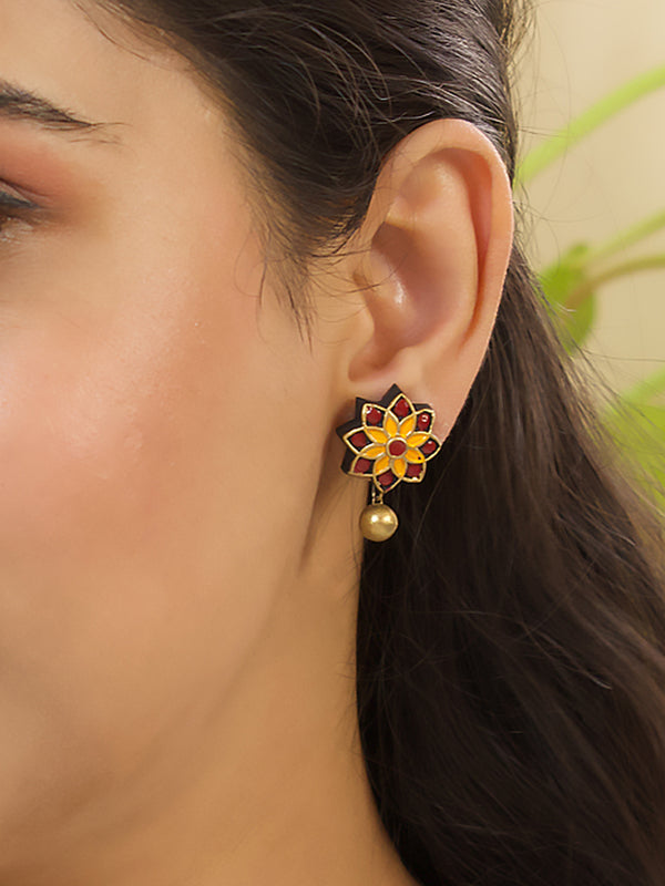 Antique Gold Maroon Yellow Floral Mandala Work Handmade Terracotta Stud Earrings