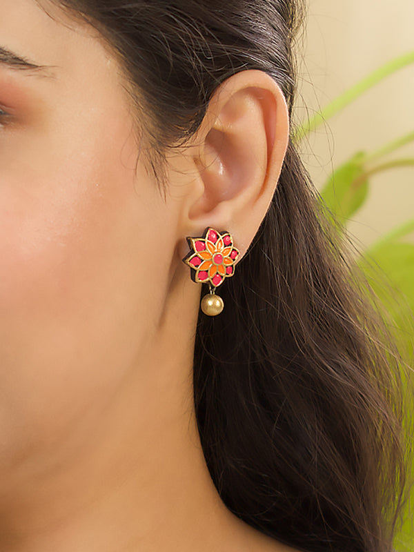 Antique Gold Pink Orange Floral Mandala Work Handmade Terracotta Stud Earrings