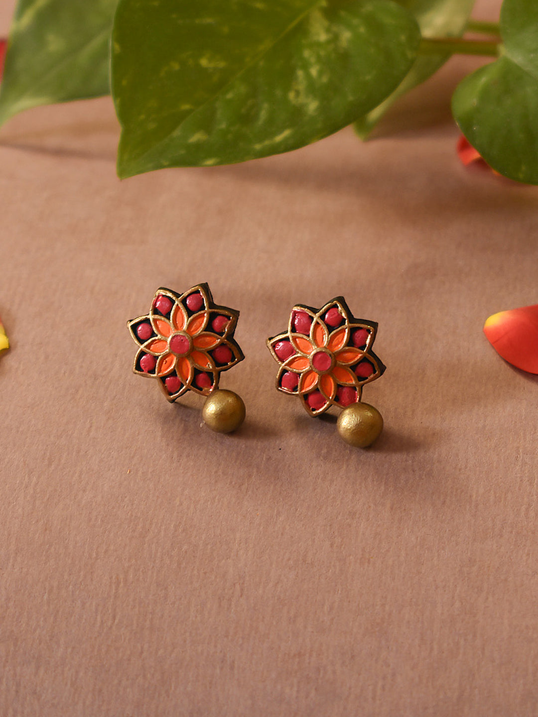 Antique Gold Pink Orange Floral Mandala Work Handmade Terracotta Stud Earrings
