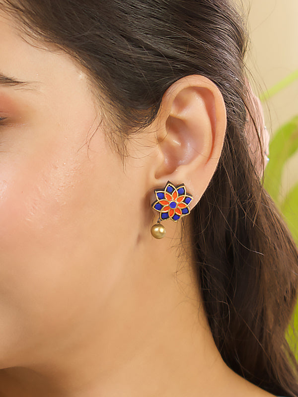 Ink Blue Orange Antique Gold Floral Mandala Work Handmade Terracotta Stud Earrings