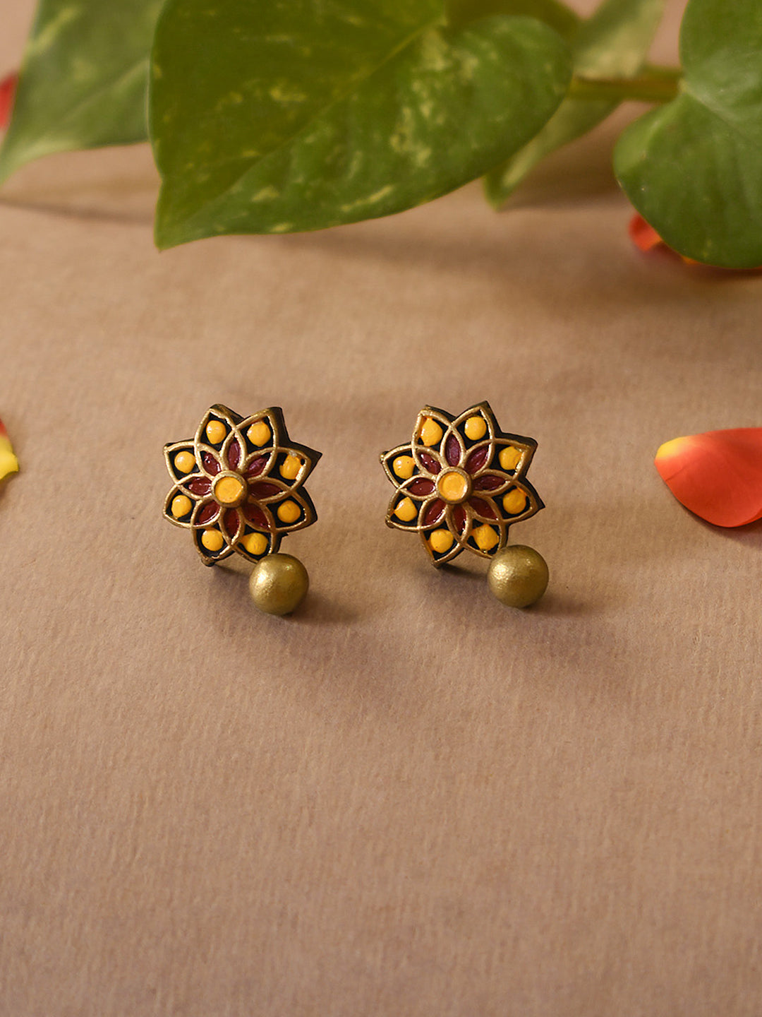 Yellow Maroon Antique Gold Floral Mandala Work Handmade Terracotta Stud Earrings