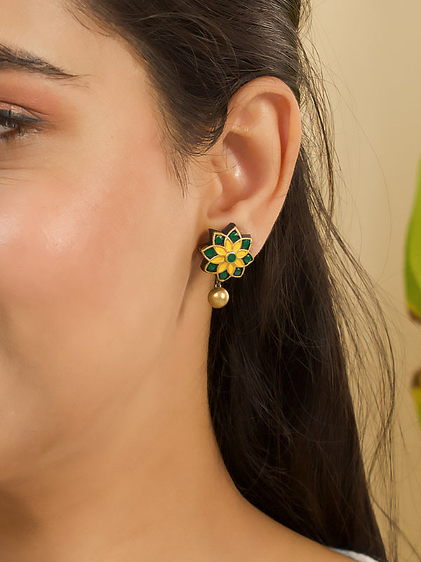 Yellow Dark Green Antique Gold Floral Mandala Work Handmade Terracotta Stud Earrings