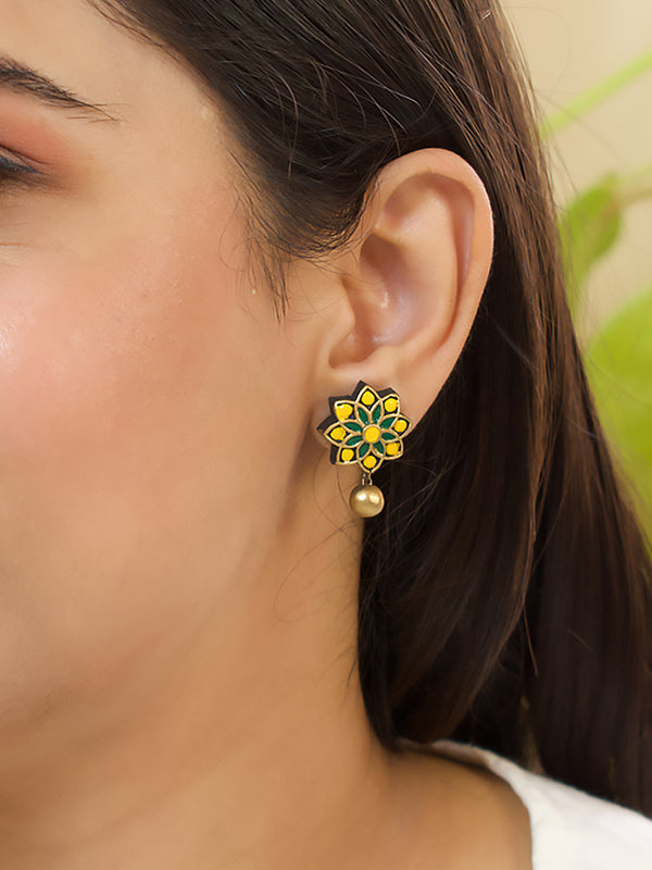 Dark Green Yellow Gold Floral Mandala Work Handmade Terracotta Stud Earrings