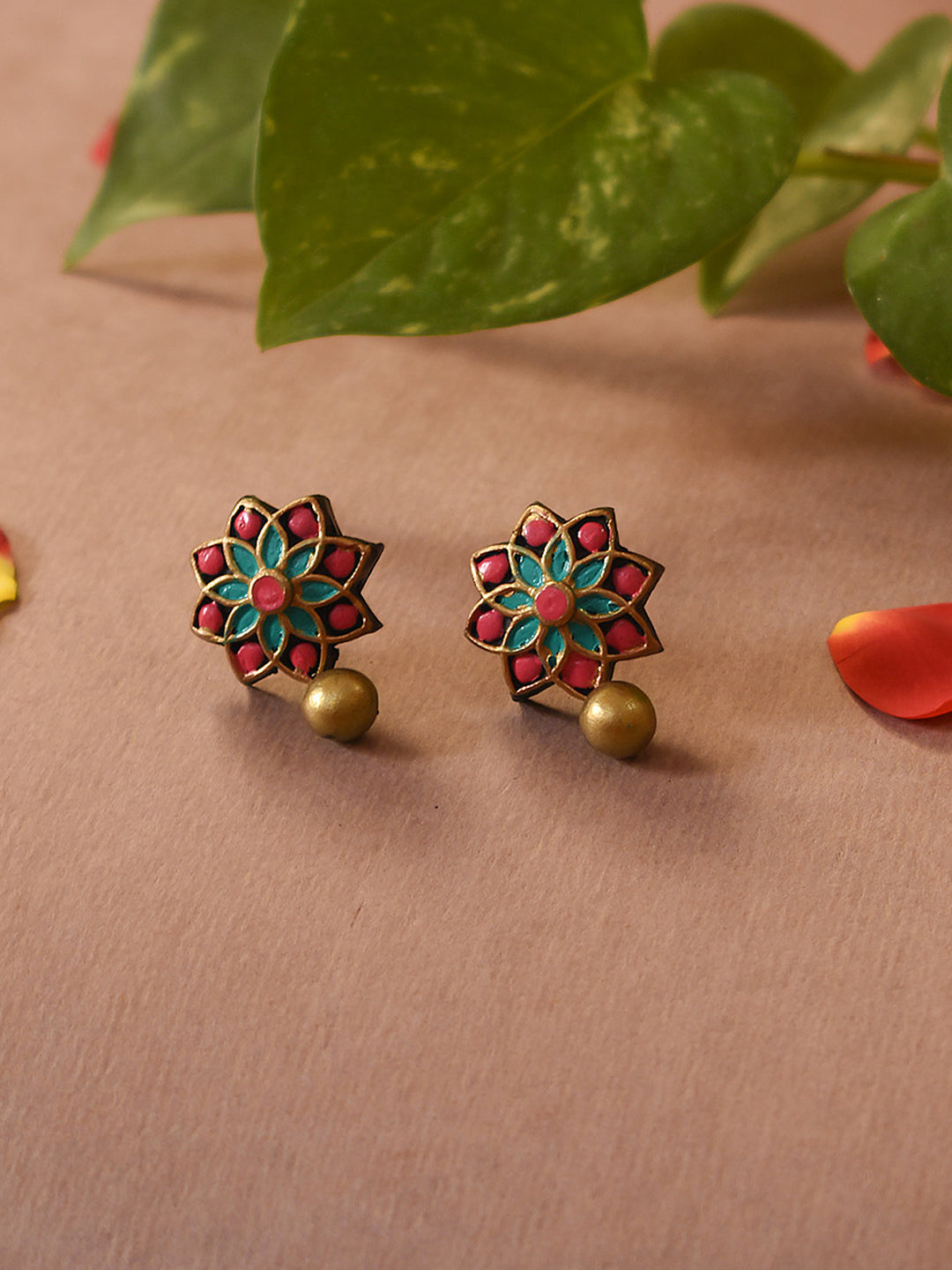 Aqua Green Pink Antique Gold Floral Mandala Work Handmade Terracotta Stud Earrings
