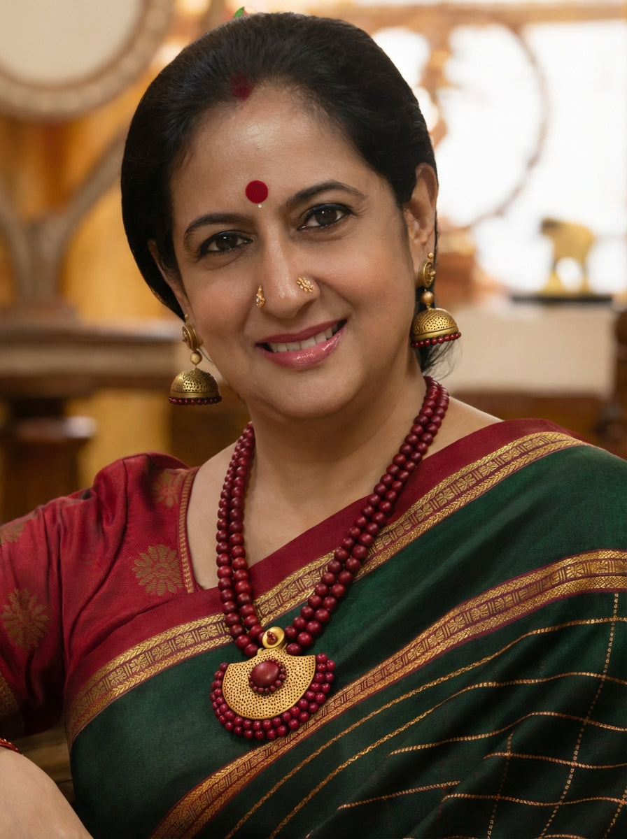 Srividhya — Designer Handmade Crescent Shaped Pendant Two Layered Maroon / Antique Gold Color Terracotta Necklace Set