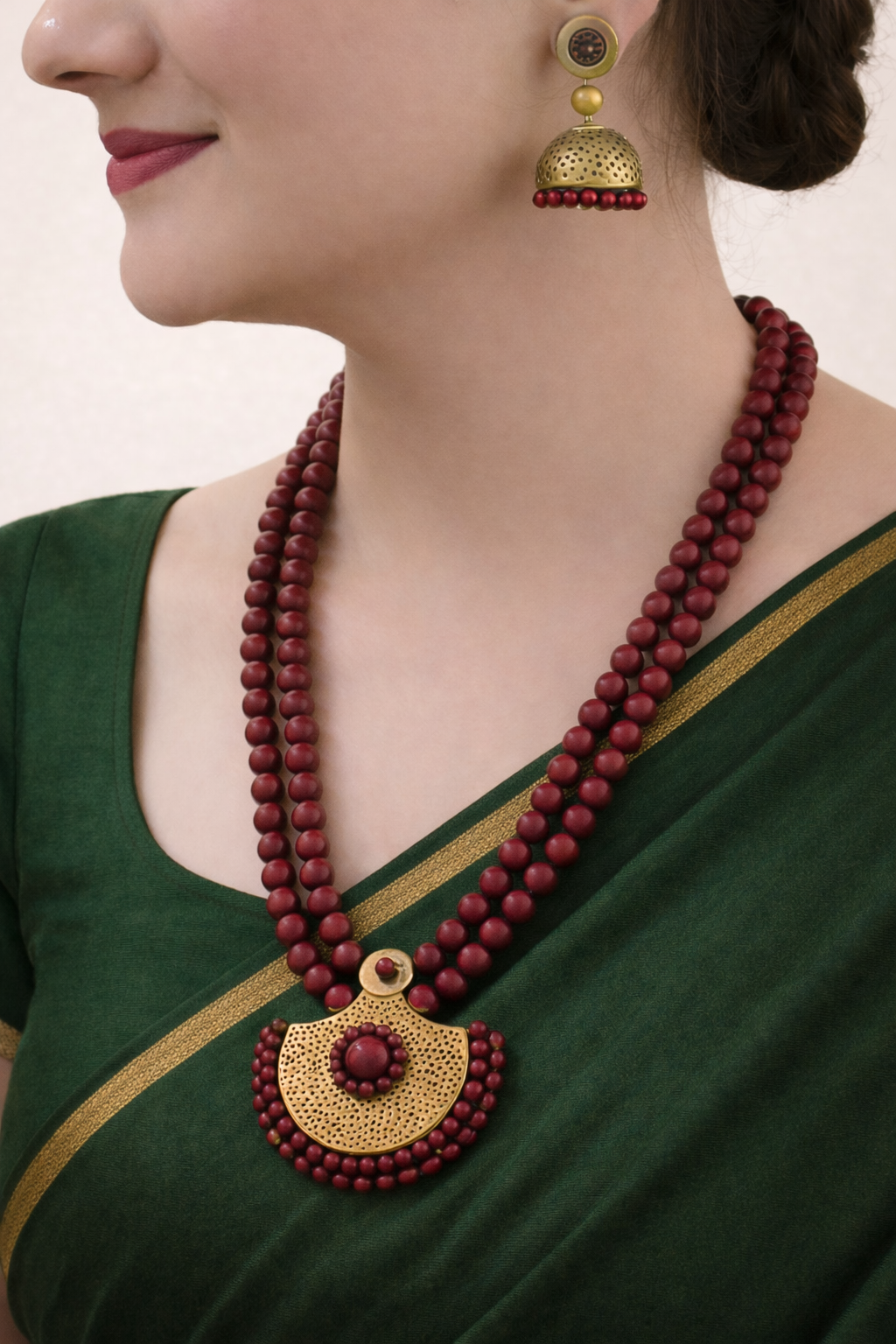 Srividhya — Designer Handmade Crescent Shaped Pendant Two Layered Maroon / Antique Gold Color Terracotta Necklace Set