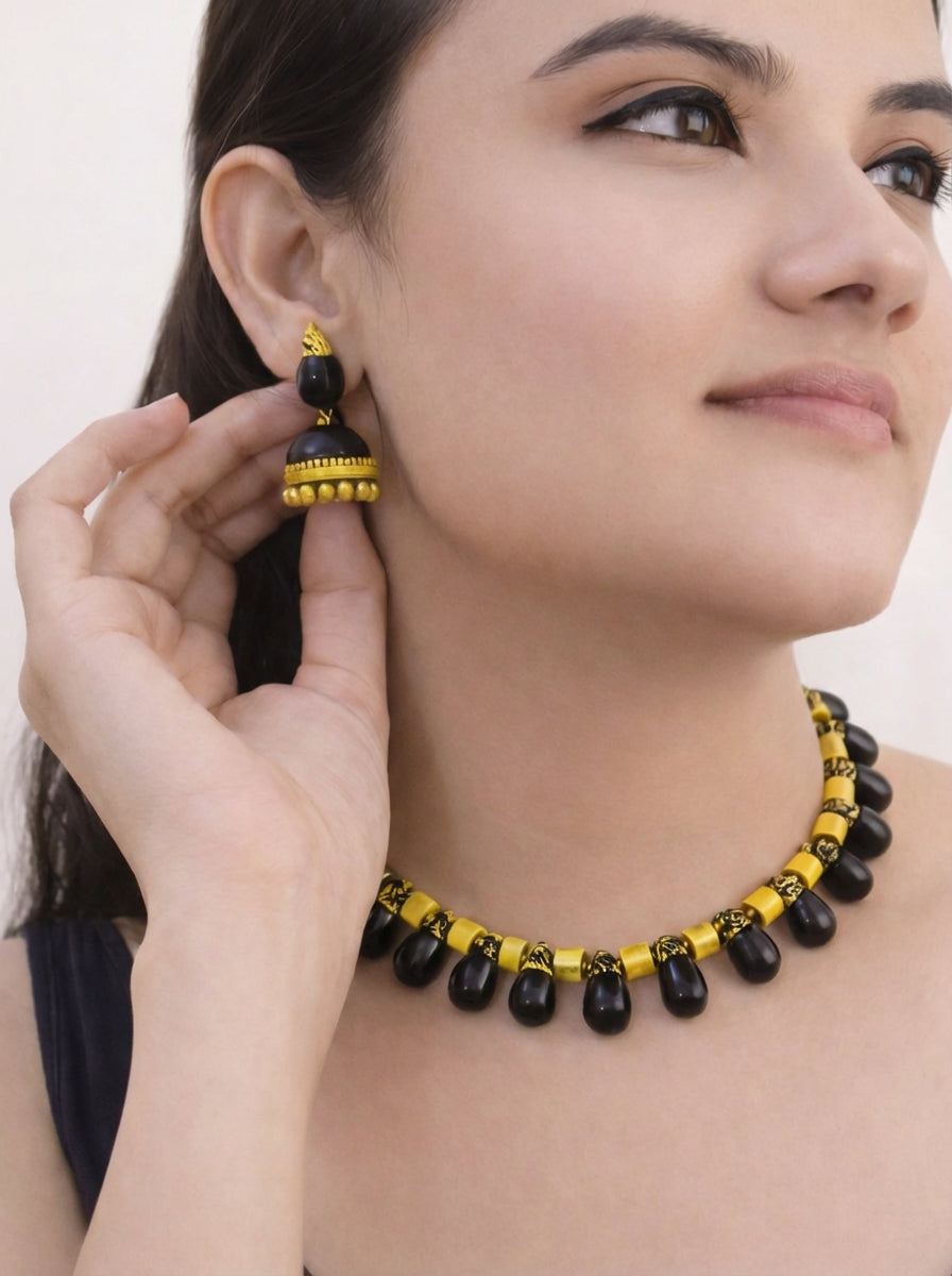 Obsidian Grace 🌼 — Tear Drop Design Handmade Terracotta Yellow/Obsidian Black Colour Choker Necklace Set