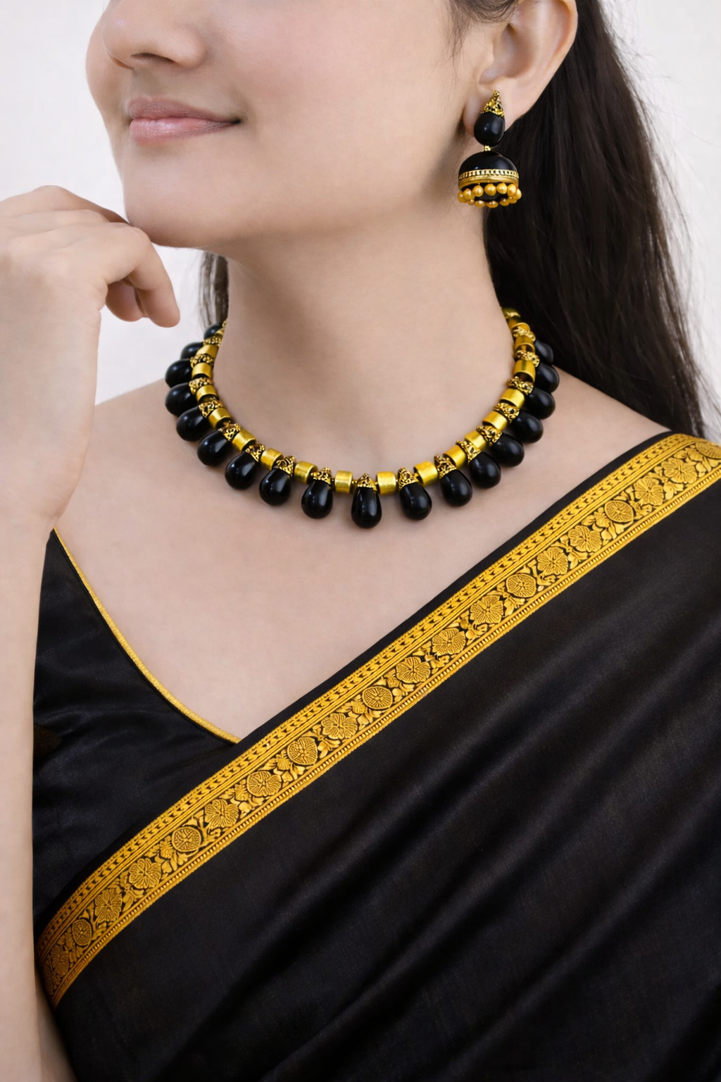 Obsidian Grace 🌼 — Tear Drop Design Handmade Terracotta Yellow/Obsidian Black Colour Choker Necklace Set