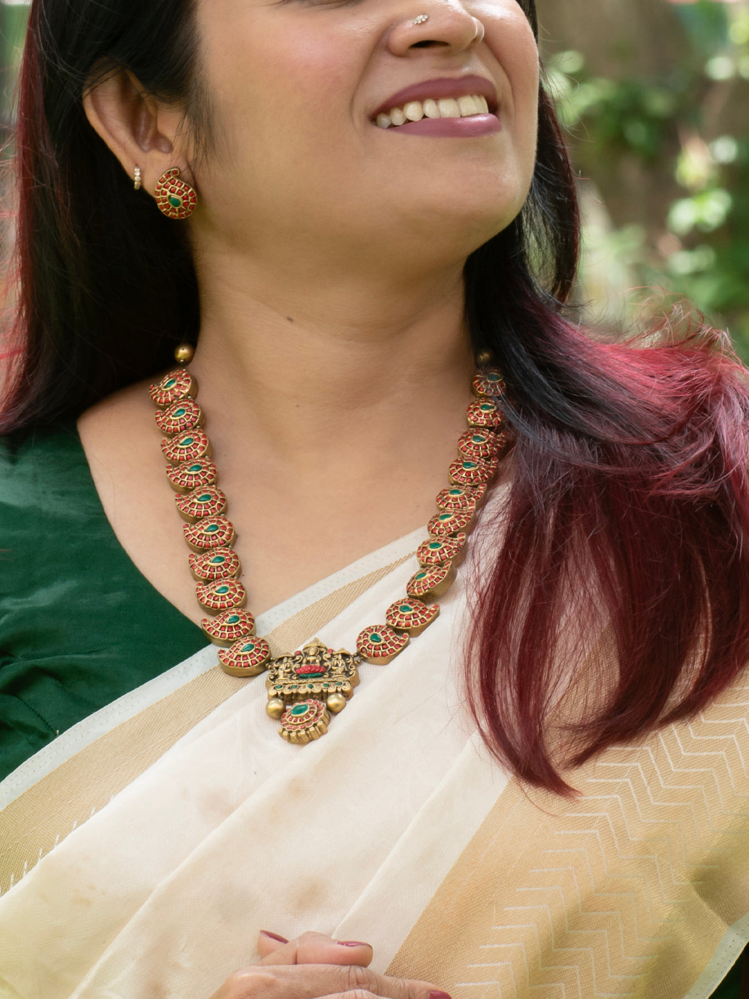 Terracotta Red Paisley Ganesha Necklace with Green Stone Accents