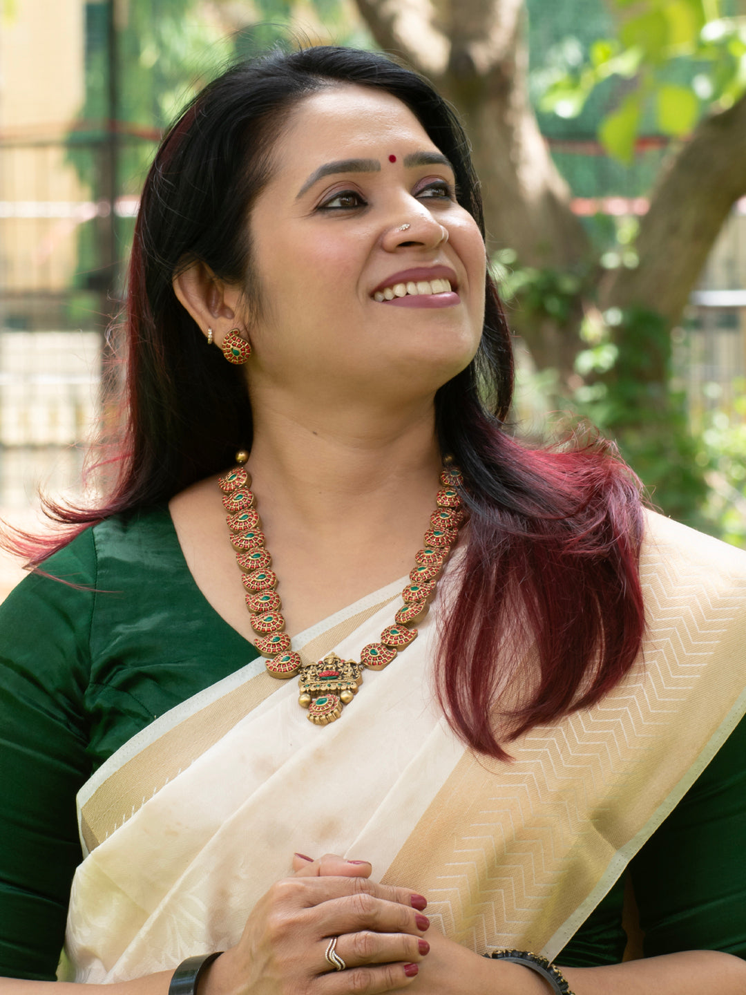 Terracotta Red Paisley Ganesha Necklace with Green Stone Accents