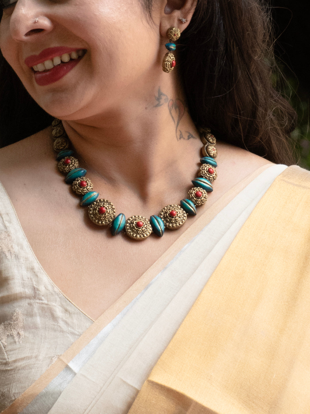Terracotta Floral Disc Necklace with Turquoise Beads
