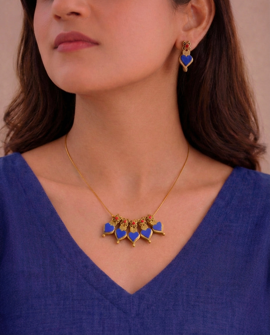 Sapphire Whisper 💙 — Minimal Blue Hearts Terracotta Necklace Set