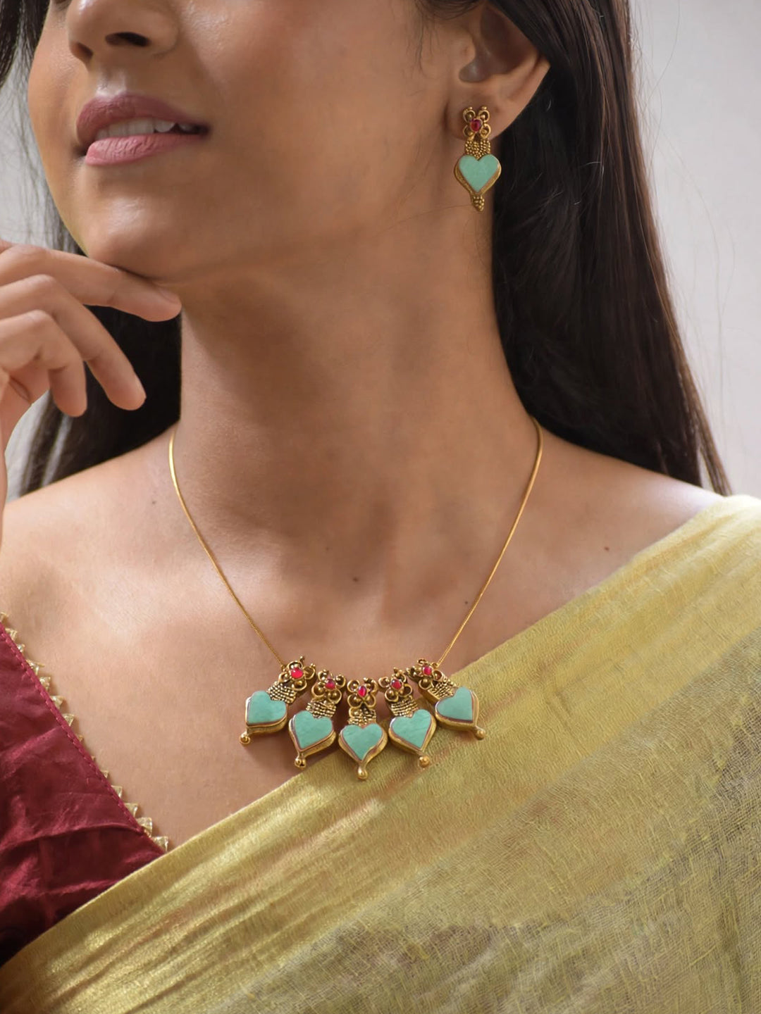 Mint Whisper 💚 — Minimal Light Green Mint Hearts Terracotta Necklace Set