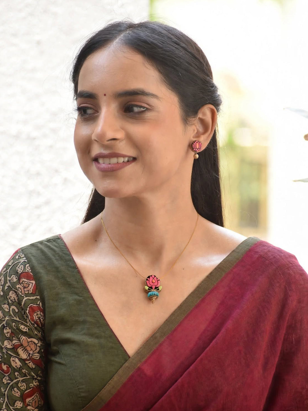 Terracotta Pink Lotus Pendant Necklace with Green Bead Drop & Matching Stud Earrings
