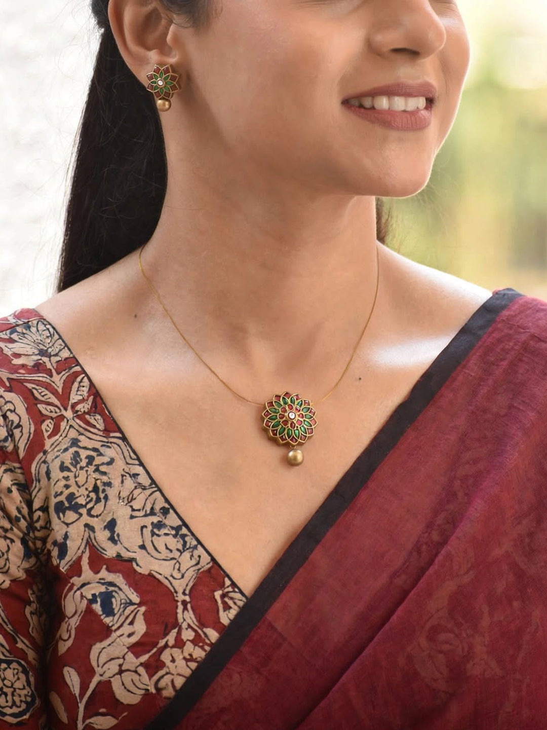 Terracotta Multicolor Floral Mandala Pendant Necklace with Gold Bead Drop & Matching Stud Earrings