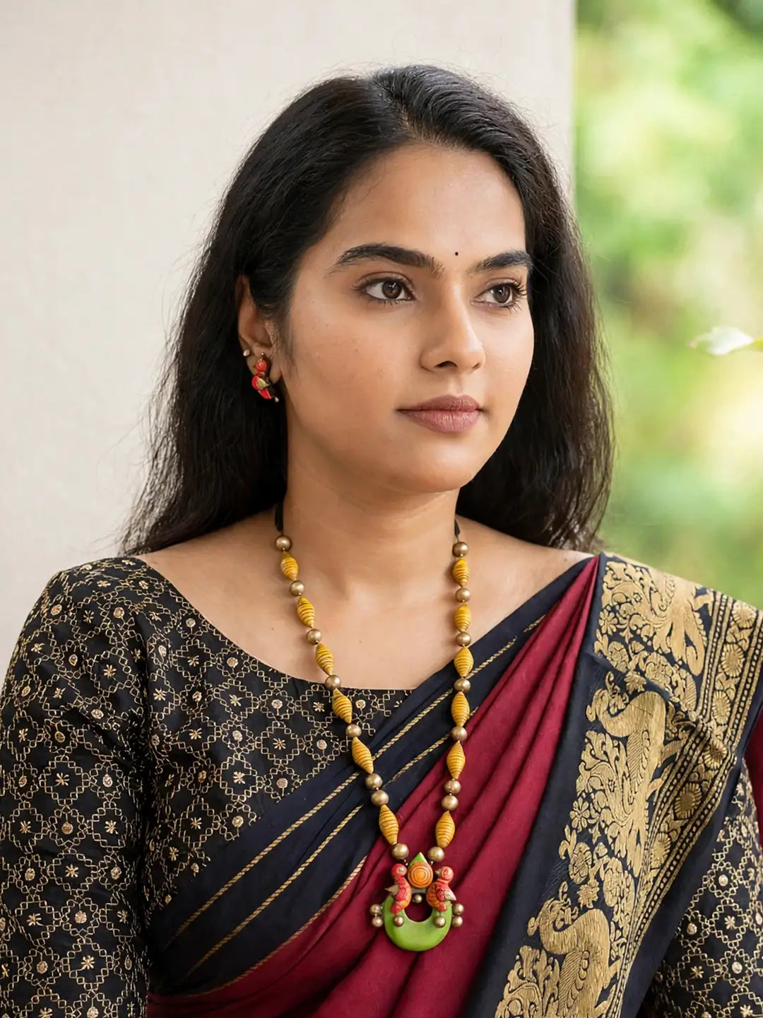Chitra — Bird Pendant Necklace with Hand-Painted Beads
