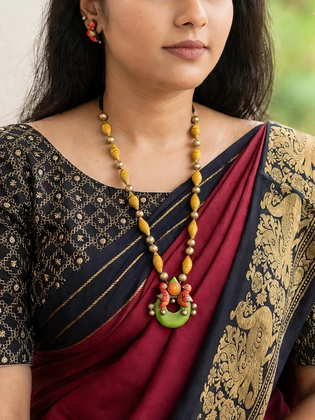 Chitra — Bird Pendant Necklace with Hand-Painted Beads