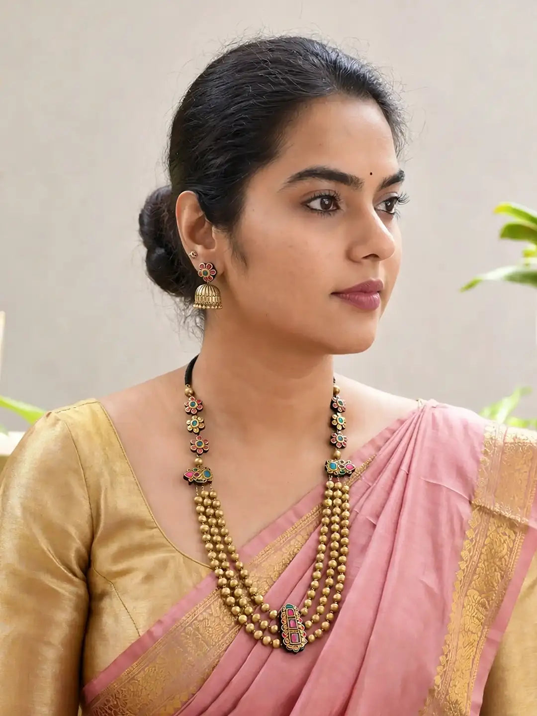Terracotta Multi-Layer Bead Necklace with Floral Motifs