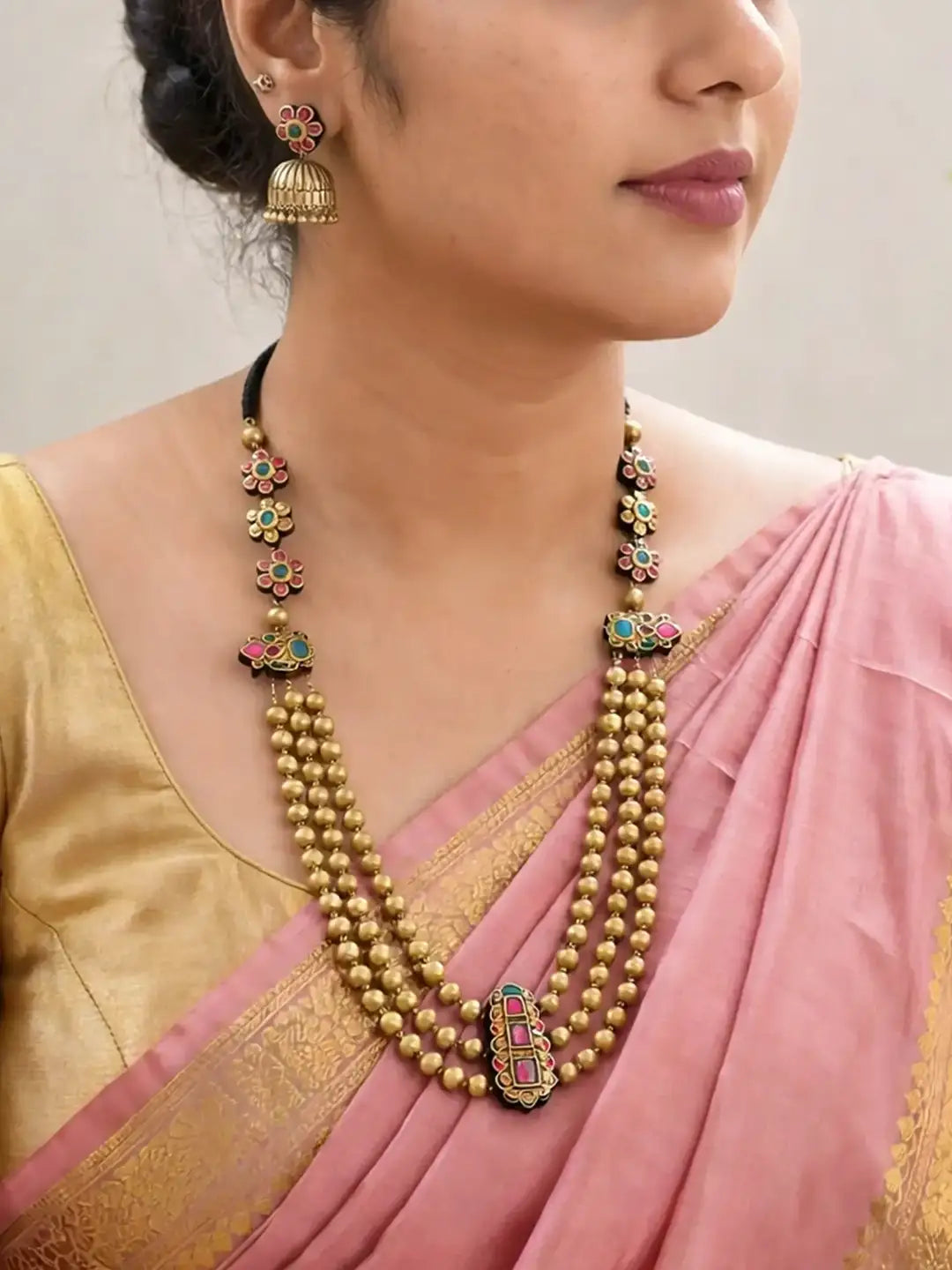 Terracotta Multi-Layer Bead Necklace with Floral Motifs
