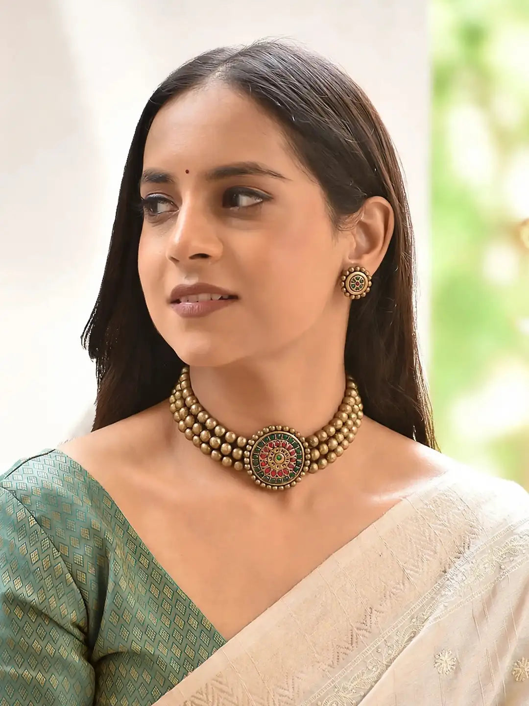 Triloka Pushpa — Designer Handmade Three Layered Circular Shape Floral Design Pendant Antique Gold Color Choker Handmade Terracotta Necklace Set